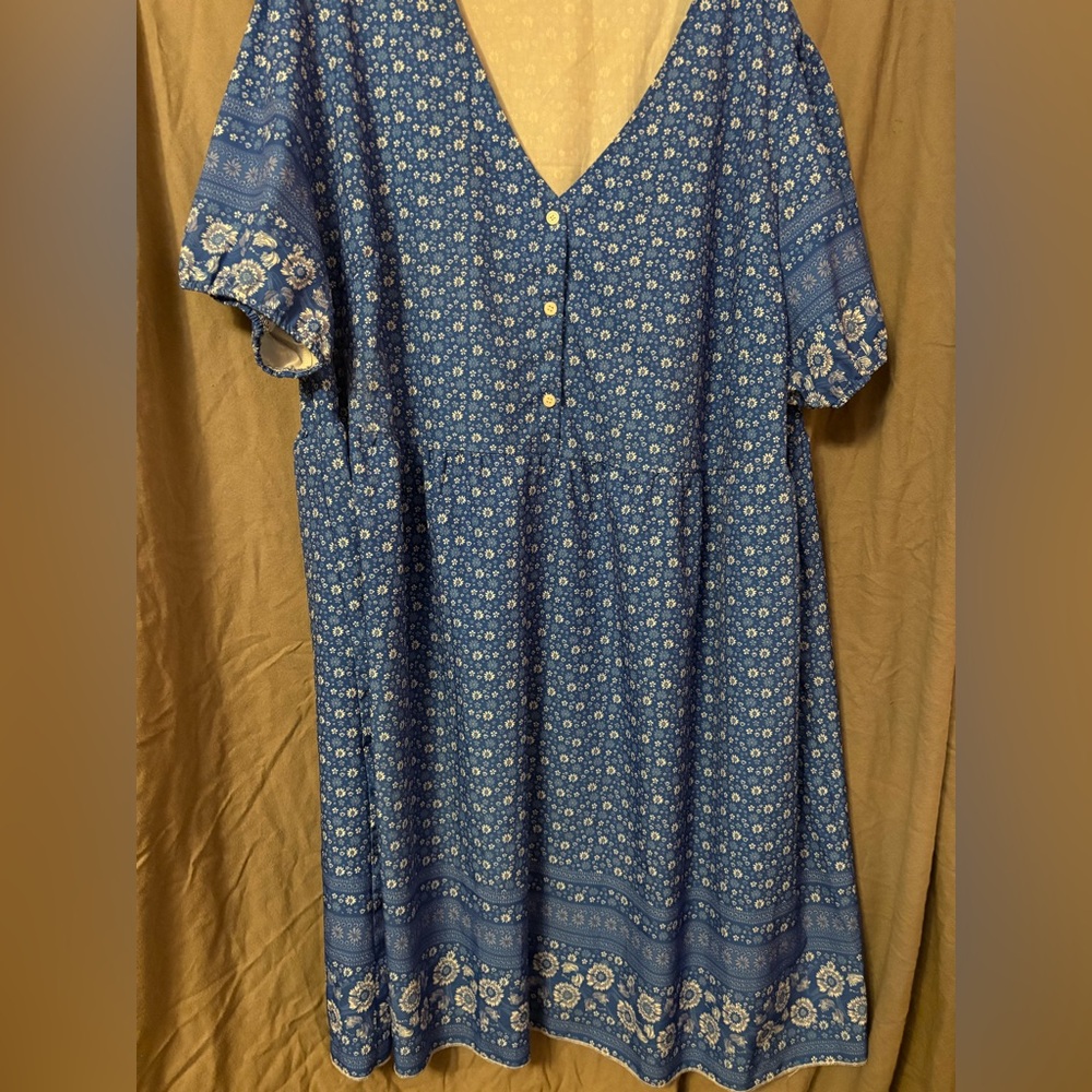 SHEIN Blue Puff Sleeve Buttoned Dress